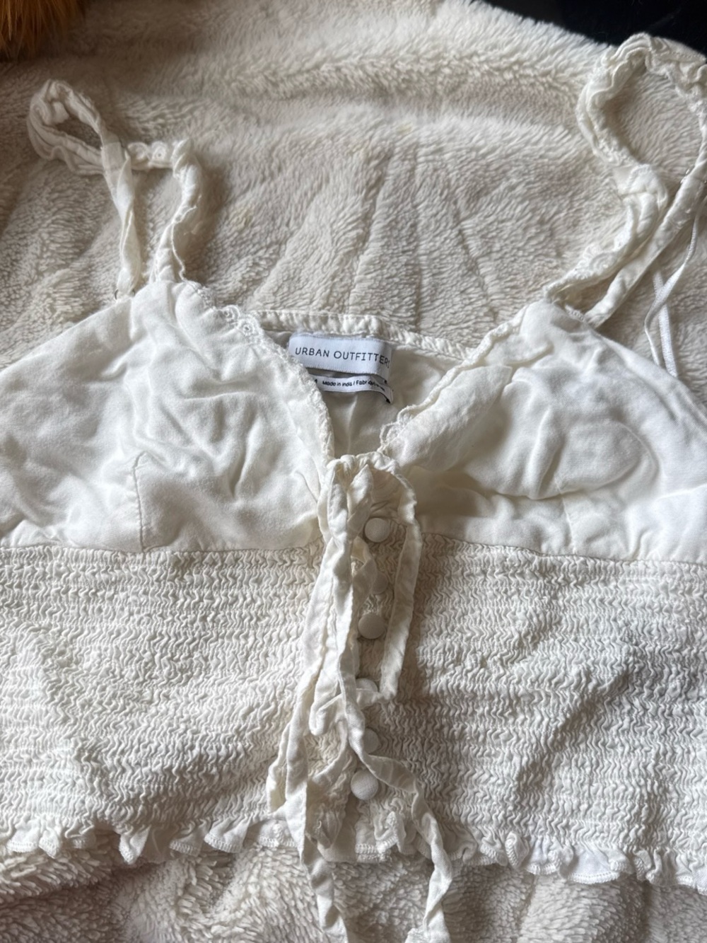 Urban Outfitters Cream Smocked Tie-Front Bandeau Cami